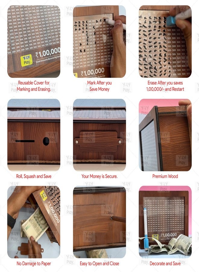 YaYplay Yay Play 1,00,000 Rupees Money Saving Box | Wooden Piggy Bank with Easy Tracking of Savings - Reusable Piggy Bank- Original Brand Yay Play - Image 4